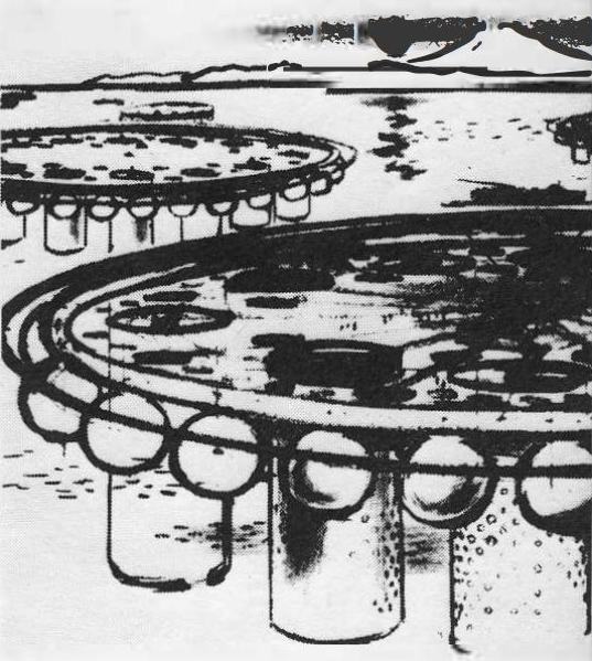 (2) Kikutake’s City Over the Sea Project, 1960; plug-in apartments on a cylindrical wall. An altered version of this was built by Kikutake for Aquapolis 1975.